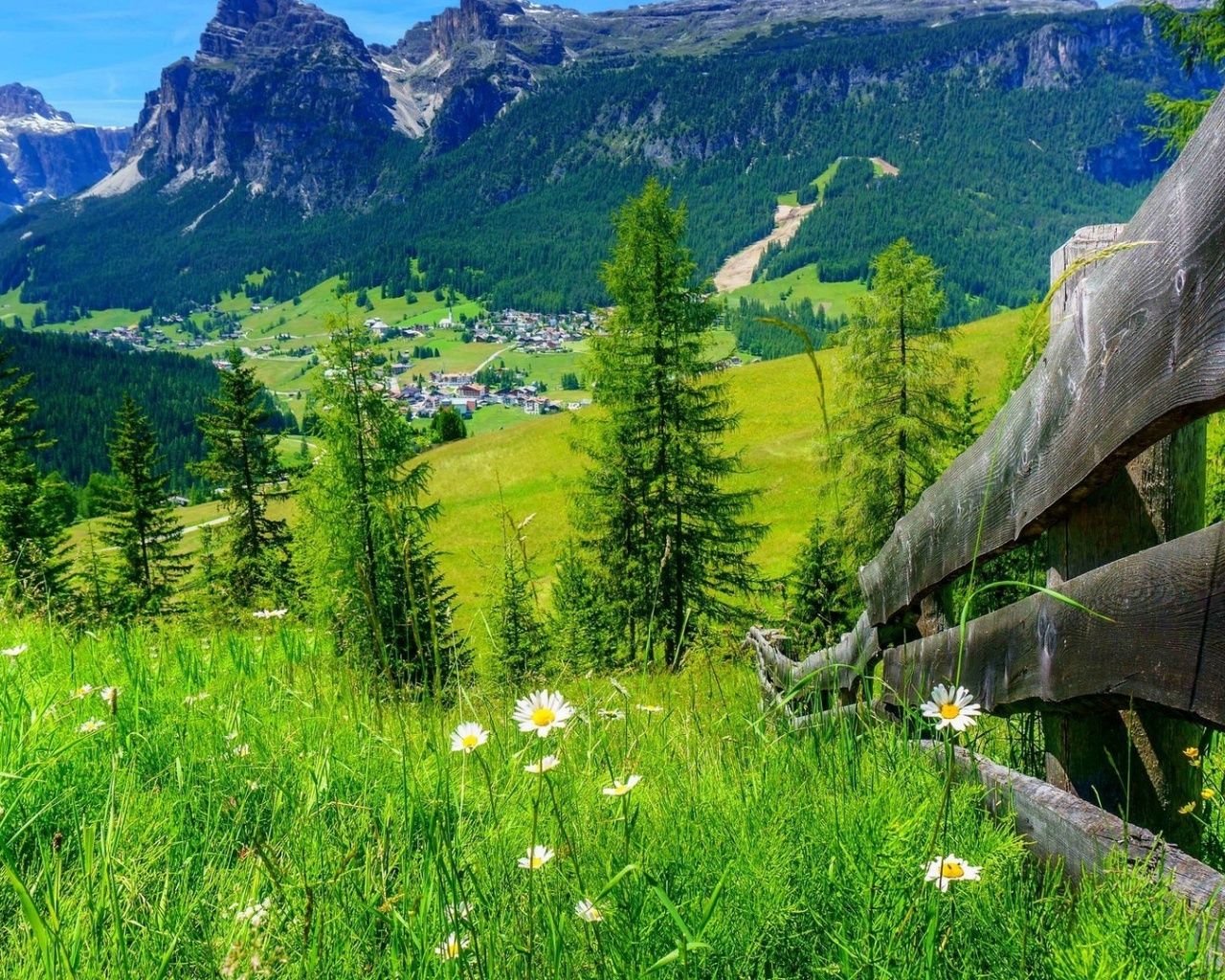 A wooden fence in a green field with mountains in the background - 1280x1024