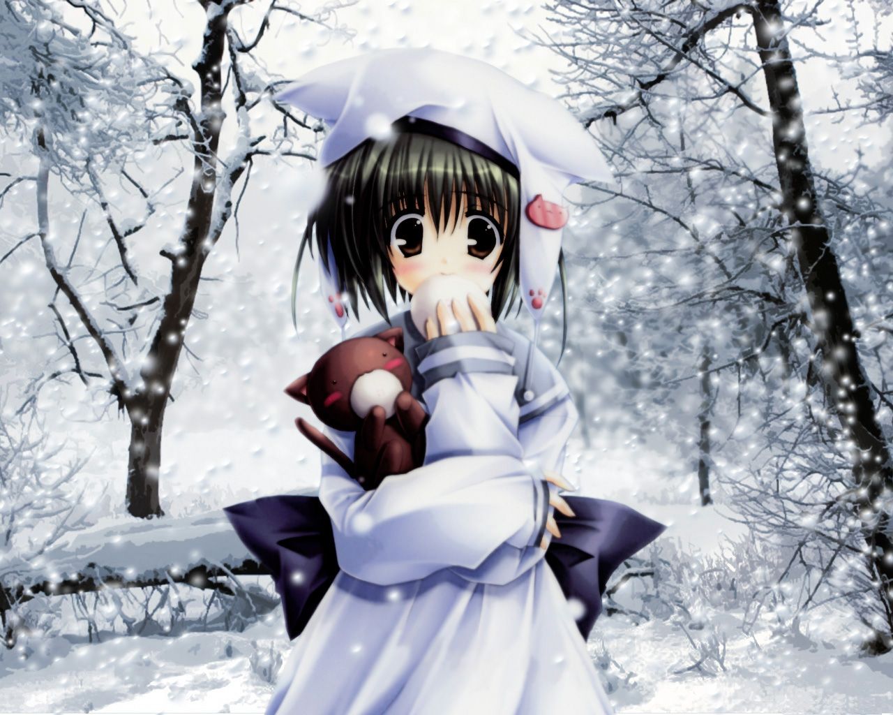 Anime girl in the snow with a teddy bear - 1280x1024