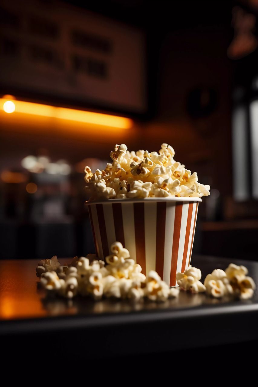 A striped popcorn bucket with popcorn spilling out of it - Popcorn