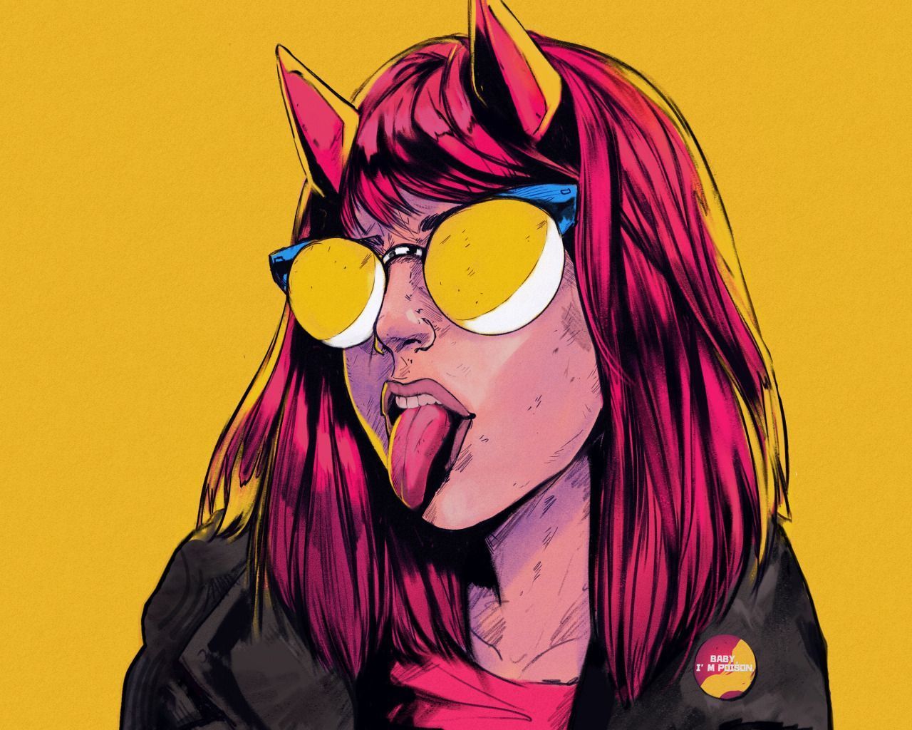 A woman with pink hair and yellow sunglasses, licking her tongue out. - 1280x1024, illustration
