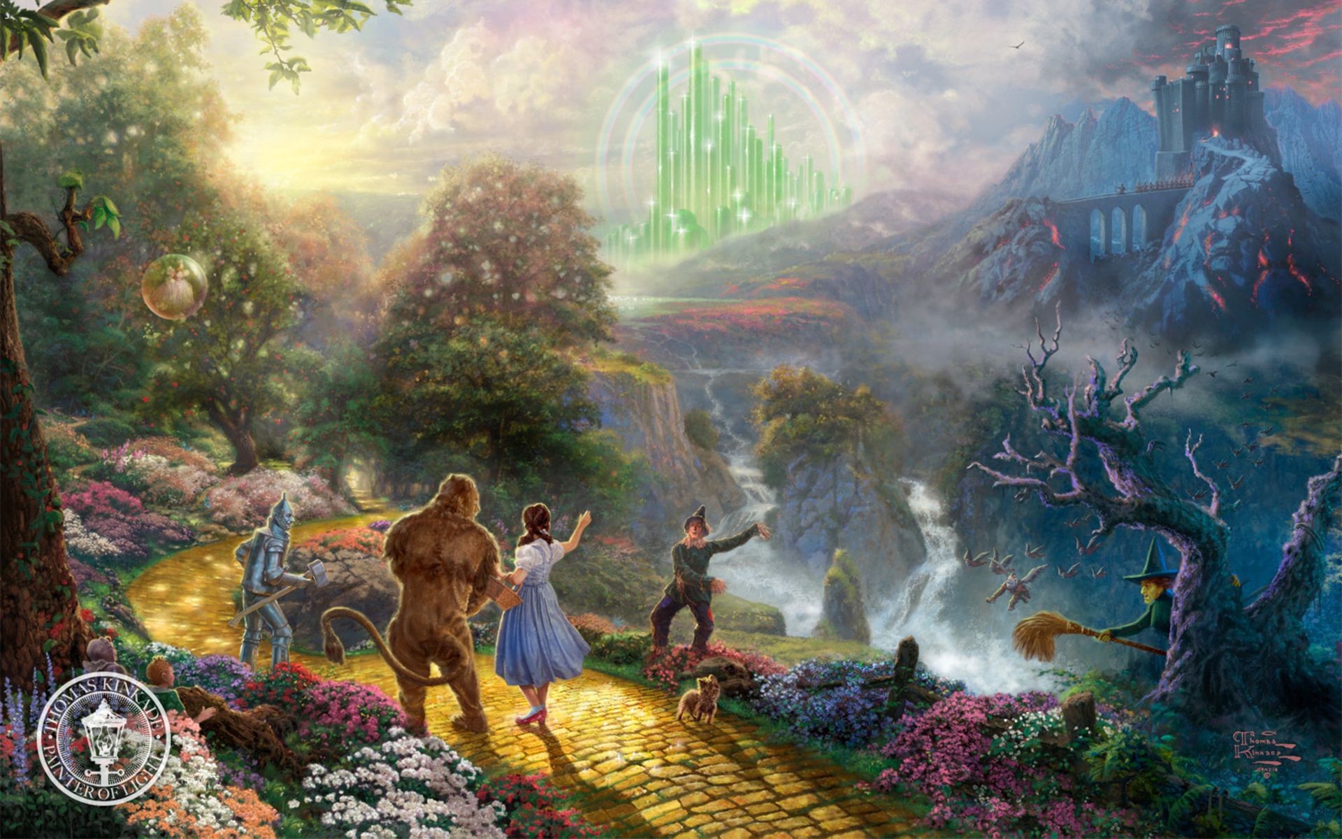 A painting of the characters from The Wizard of Oz walking down a yellow brick road towards a green emerald city. - 1920x1200