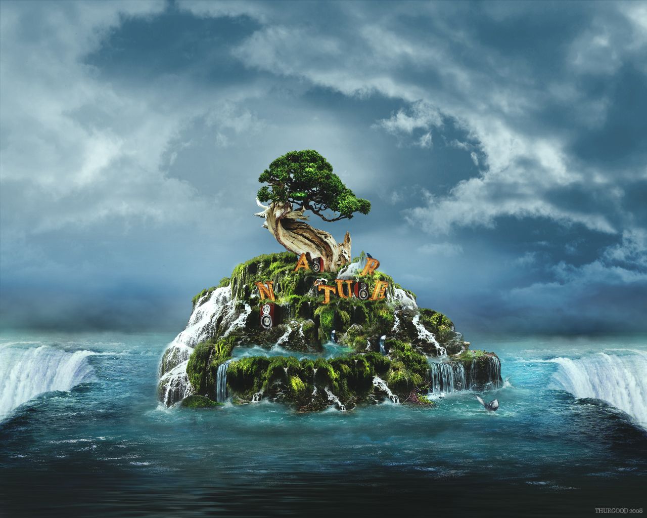A tree on a rock island in the middle of the ocean - 1280x1024