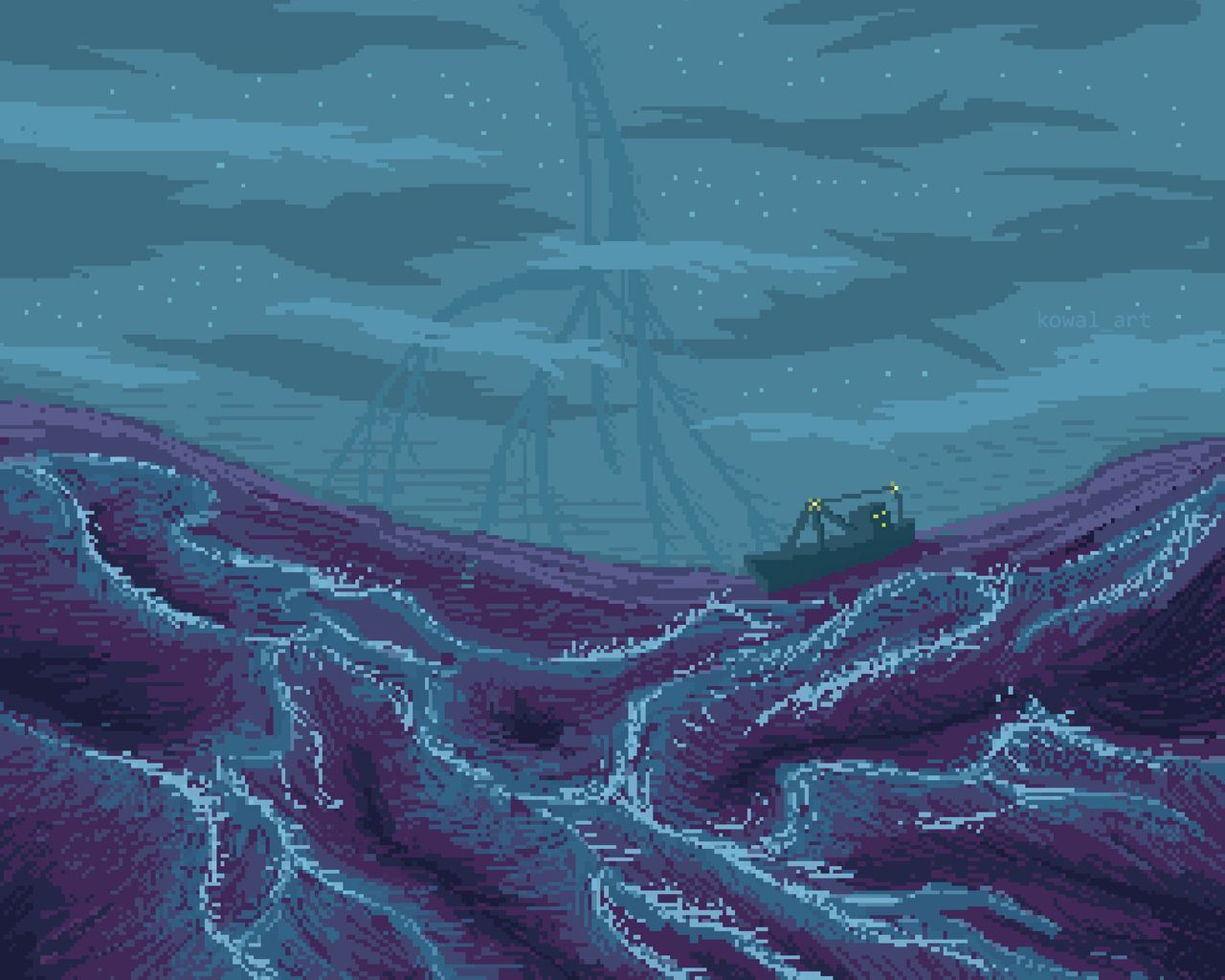 Download Pixel Art, Art, Storm, Sea, Ship, Pixelated Wallpaper in 1280x1024 Resolution