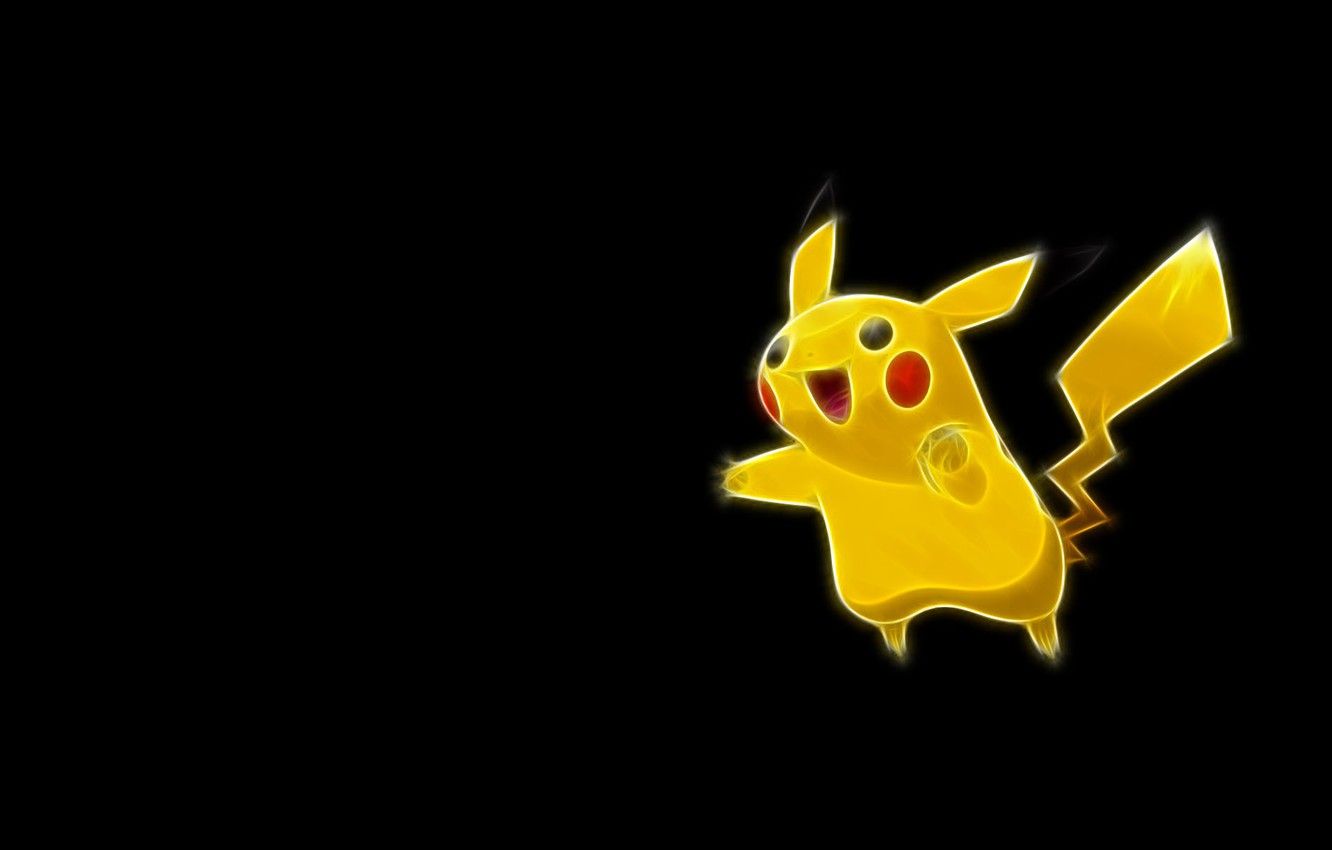 A yellow pokemon is standing on the black background - Pikachu