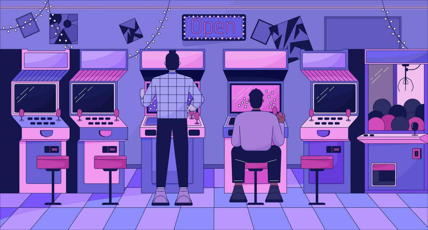 Arcade machines chill lo fi background. Vintage gaming devices. Entertainment 2D vector cartoon interior illustration, purple lofi wallpaper desktop. Sunset aesthetic 90s retro art, dreamy vibes