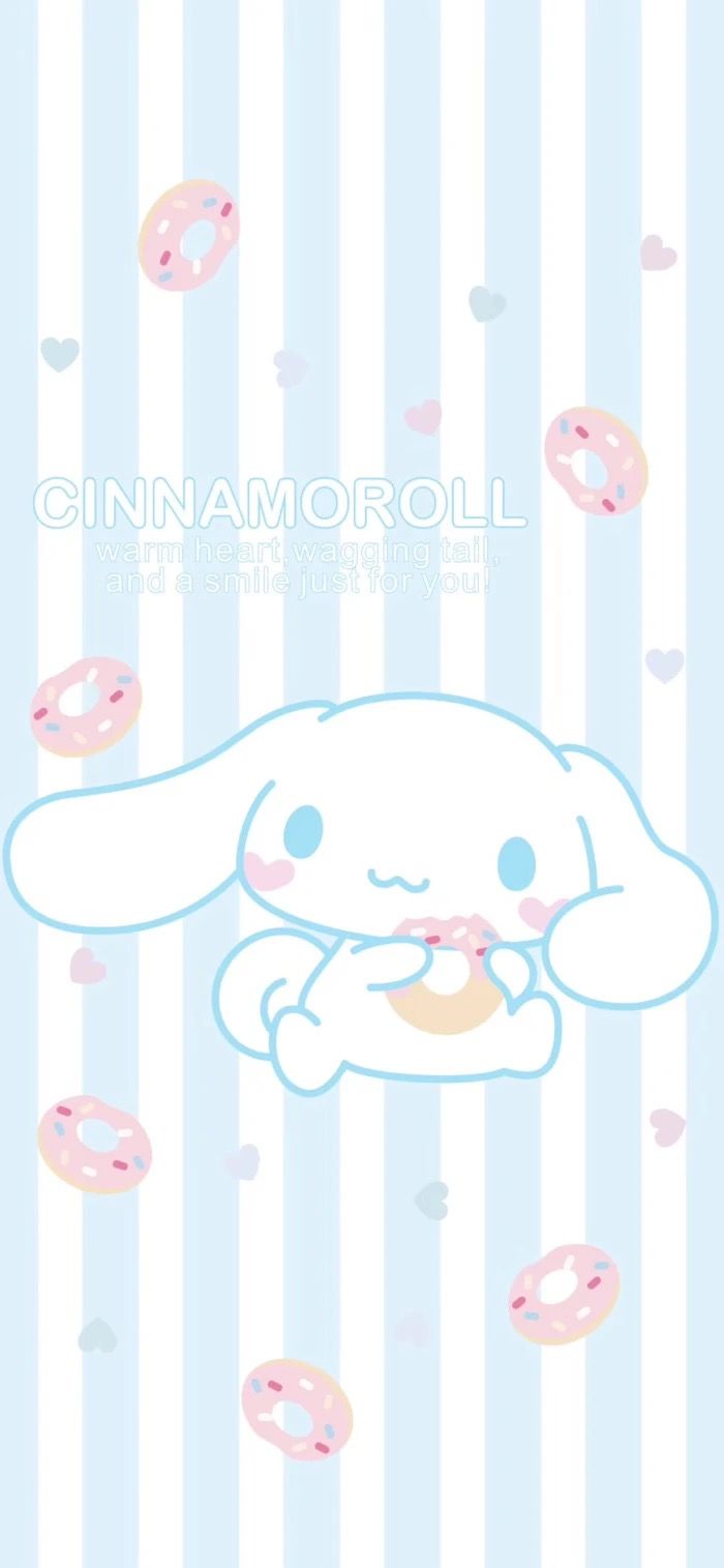 IPhone wallpaper of a white bunny with pink ears and tail holding a pink donut with a blue background with pink heart shaped donut clouds - Cinnamoroll