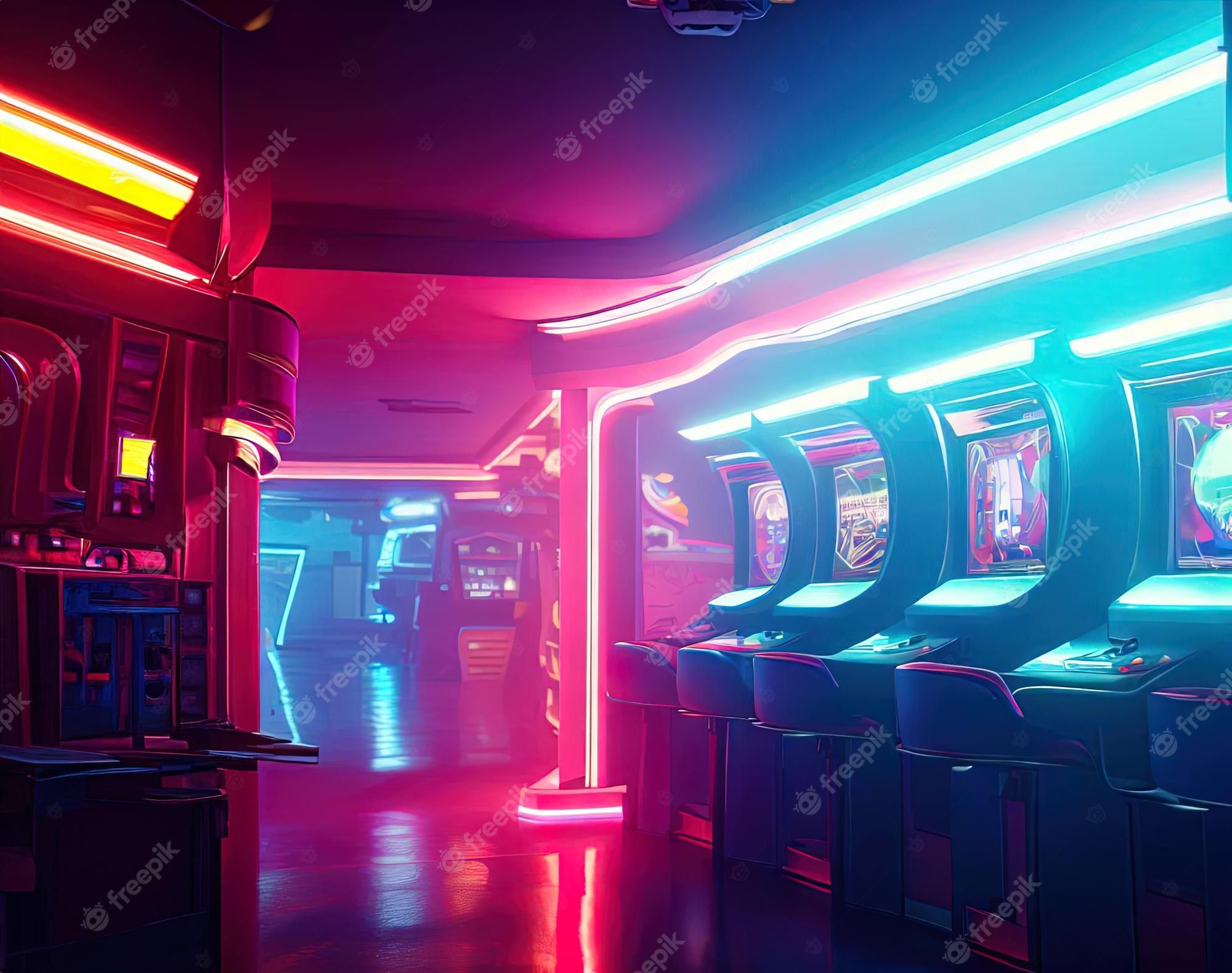 A room with old classic arcade slot machines with colorful neon lights - Arcade