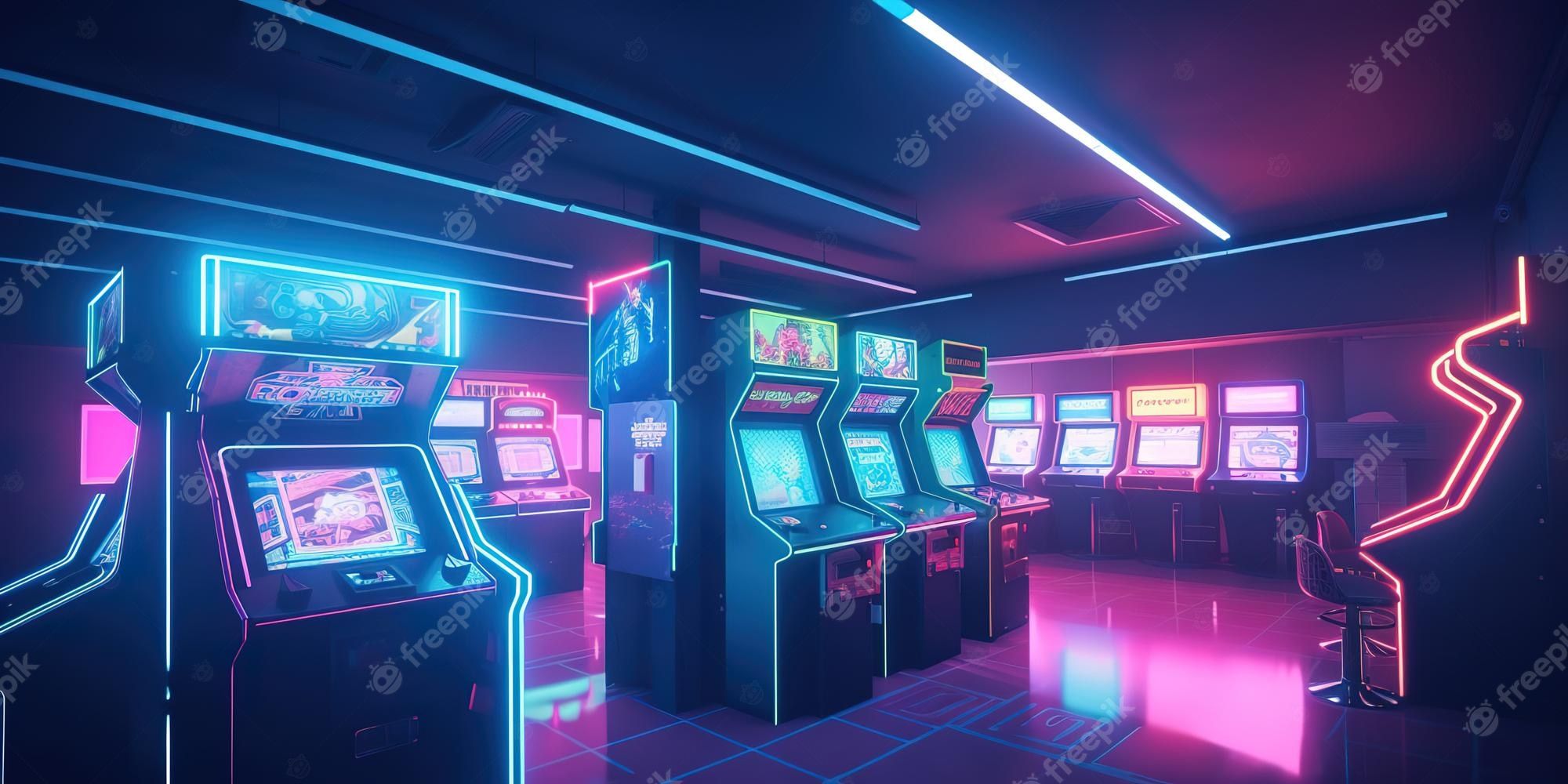 A room with old vintage arcade machines with glowing blue and pink lights - Arcade