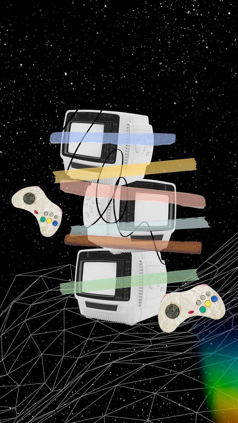 A digital drawing of two old school game consoles and two game controllers. - Arcade