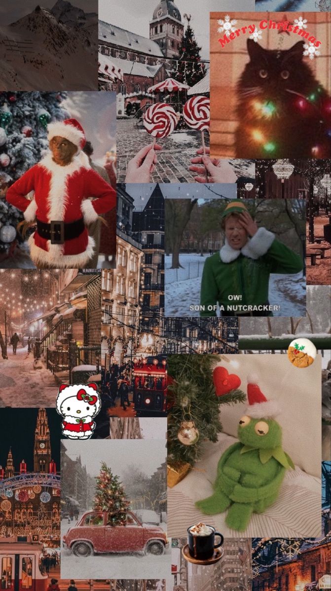 A collage of Kermit the Frog, Hello Kitty, and other Christmas characters. - Christmas iPhone, cute Christmas