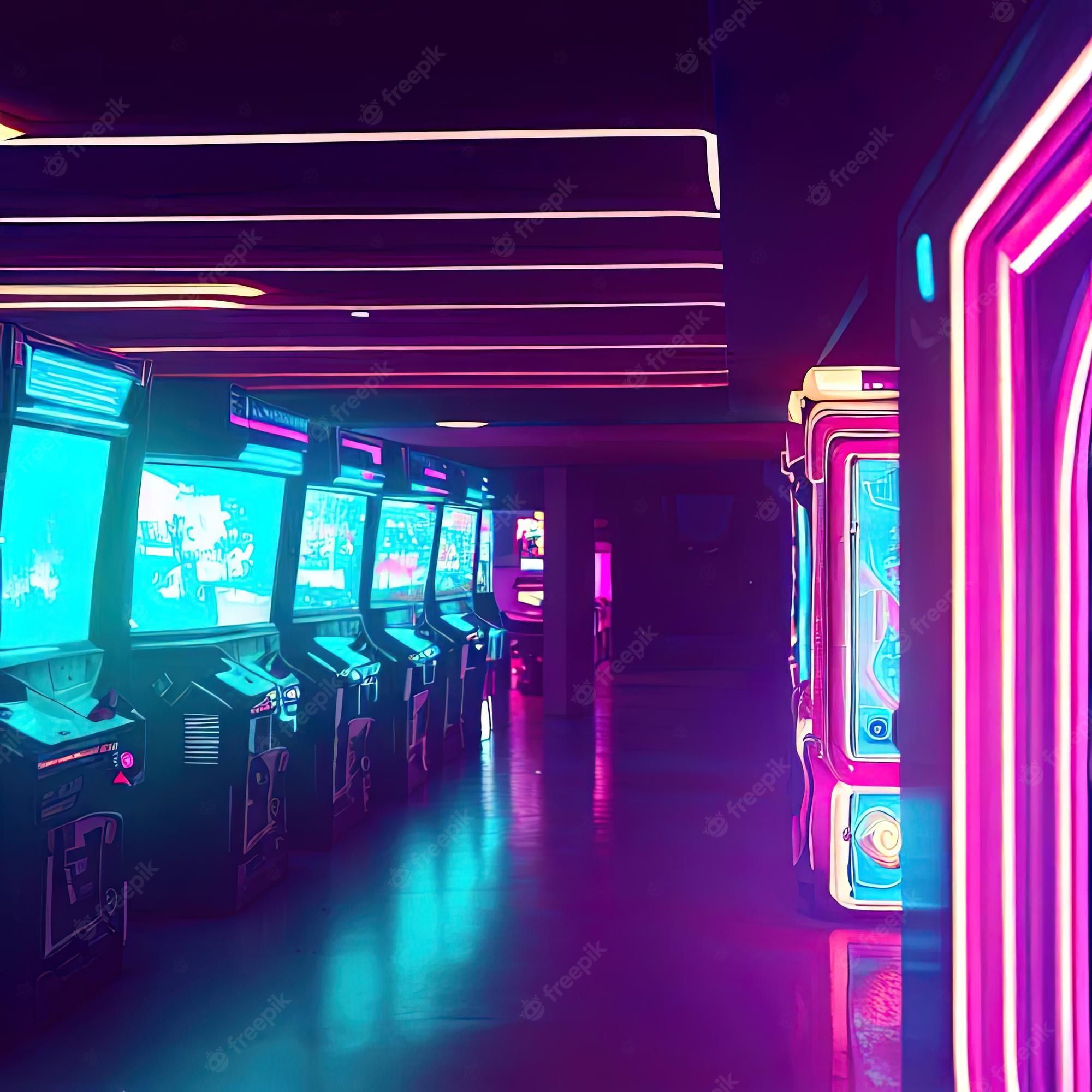 A row of gaming machines in a dark room lit by neon lights - Arcade