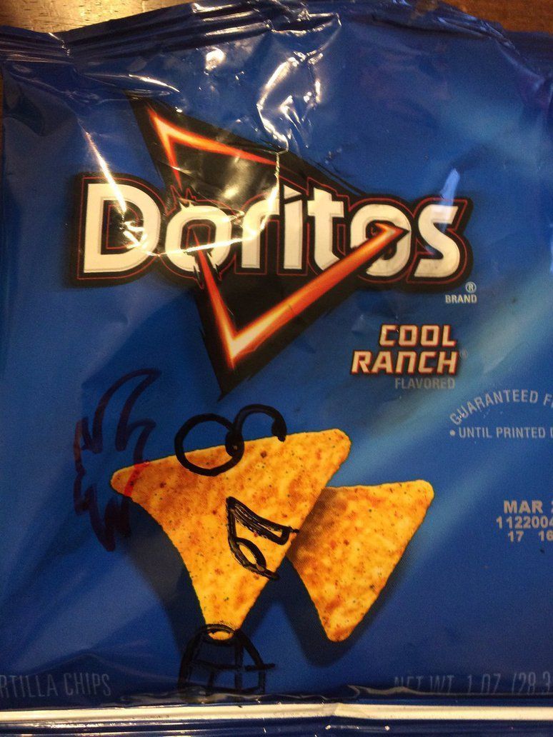 Bag of Cool Ranch Doritos with a cartoon face on the bag - Doritos