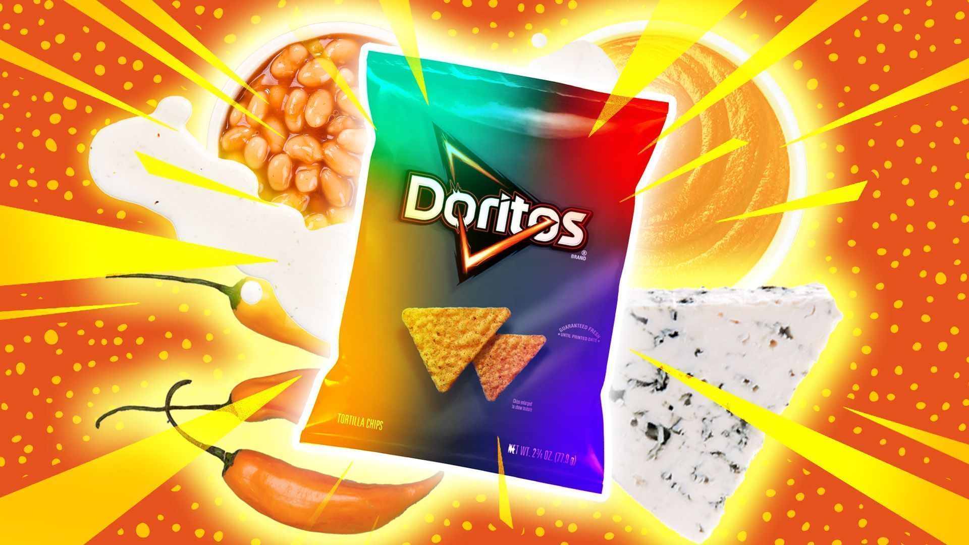 A bag of Doritos surrounded by beans, cheese, and peppers on a red and yellow background - Doritos