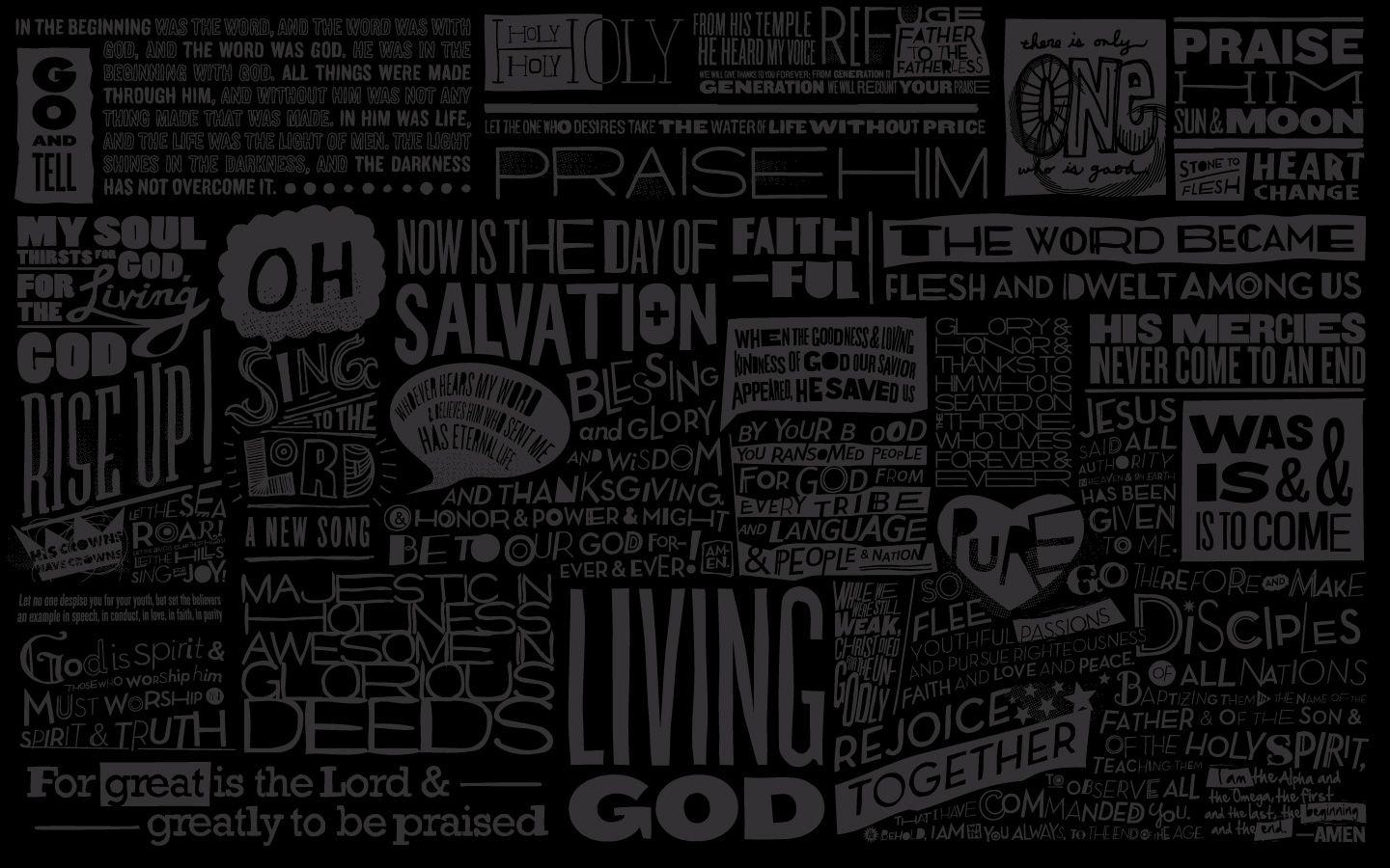 A black and white collage of religious phrases and words. - 1440x900