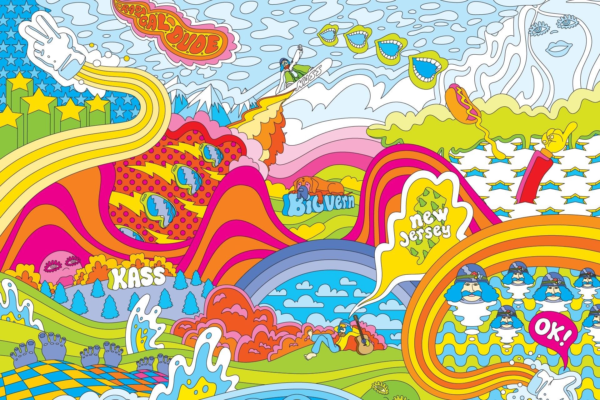 A colorful poster with various cartoon characters - Psychedelic