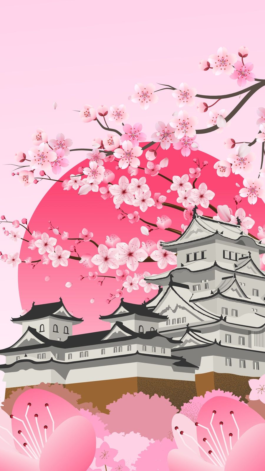 A pink and white illustration of a Japanese castle with cherry blossoms - Chinese