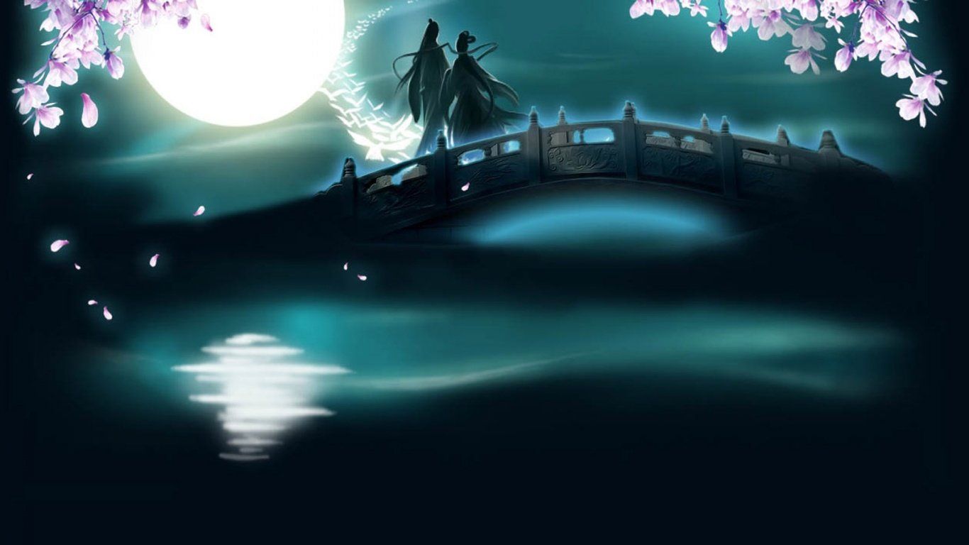 A painting of a person standing on a bridge in the moonlight - Chinese