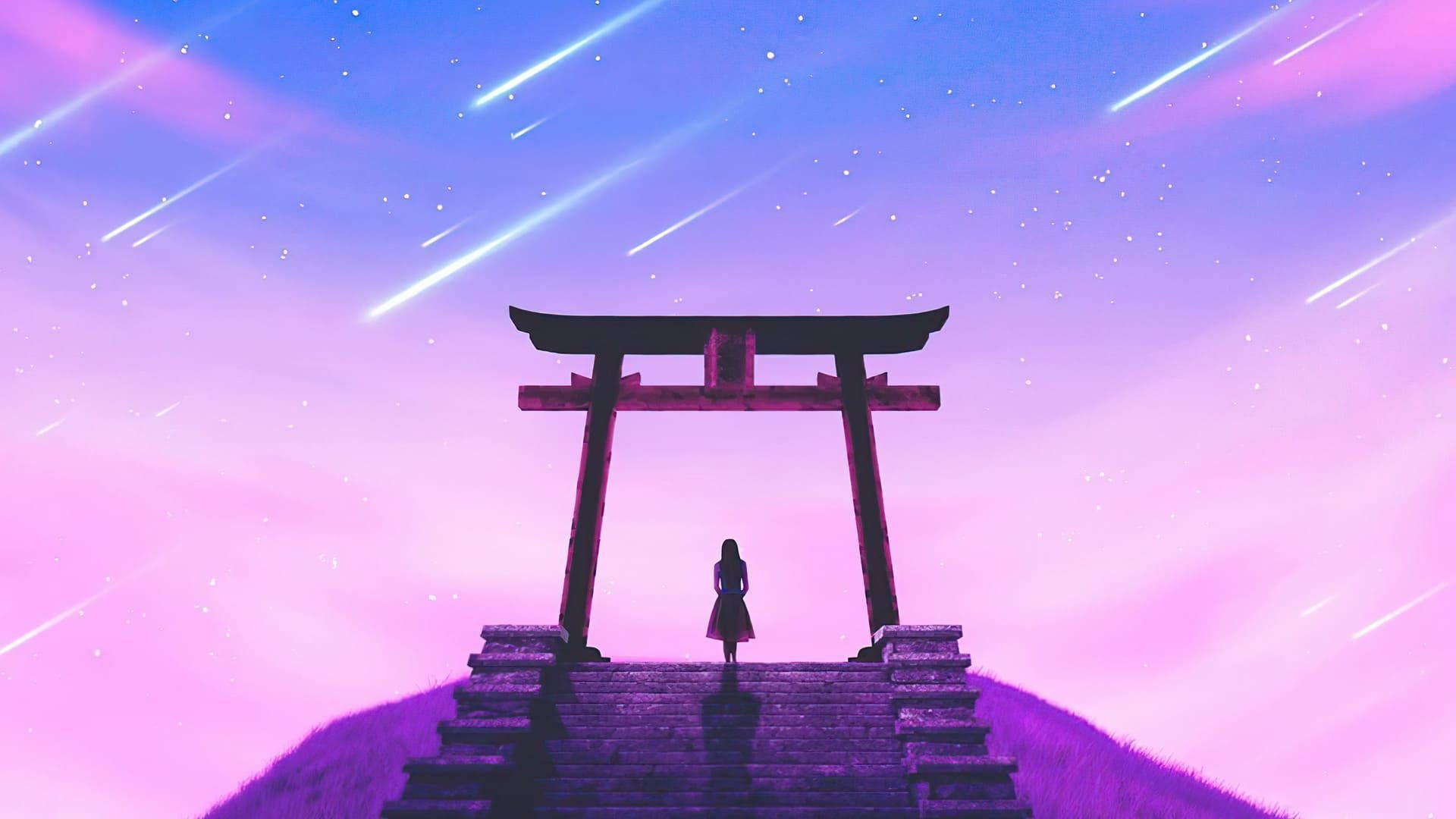 A woman standing on a hilltop under a purple sky - Chinese