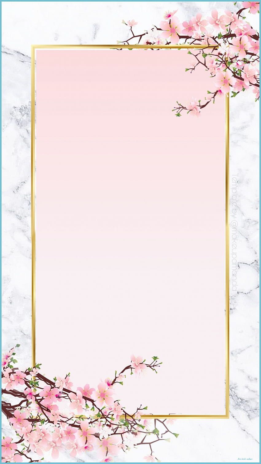 Pink and white marble background, gold frame, cherry blossom branch, how to make a birthday invitation - Border