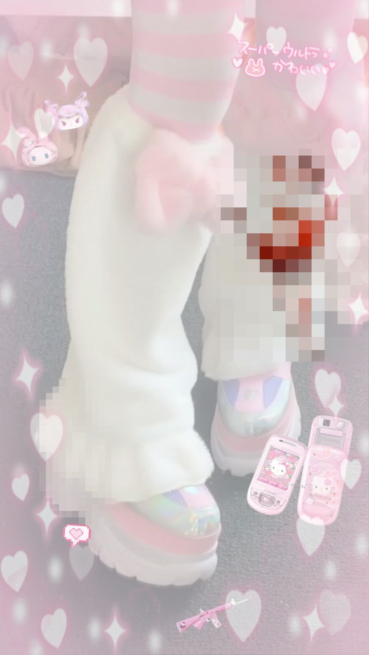A person in a white fluffy onesie with pink trim and pink and white shoes. - Traumacore