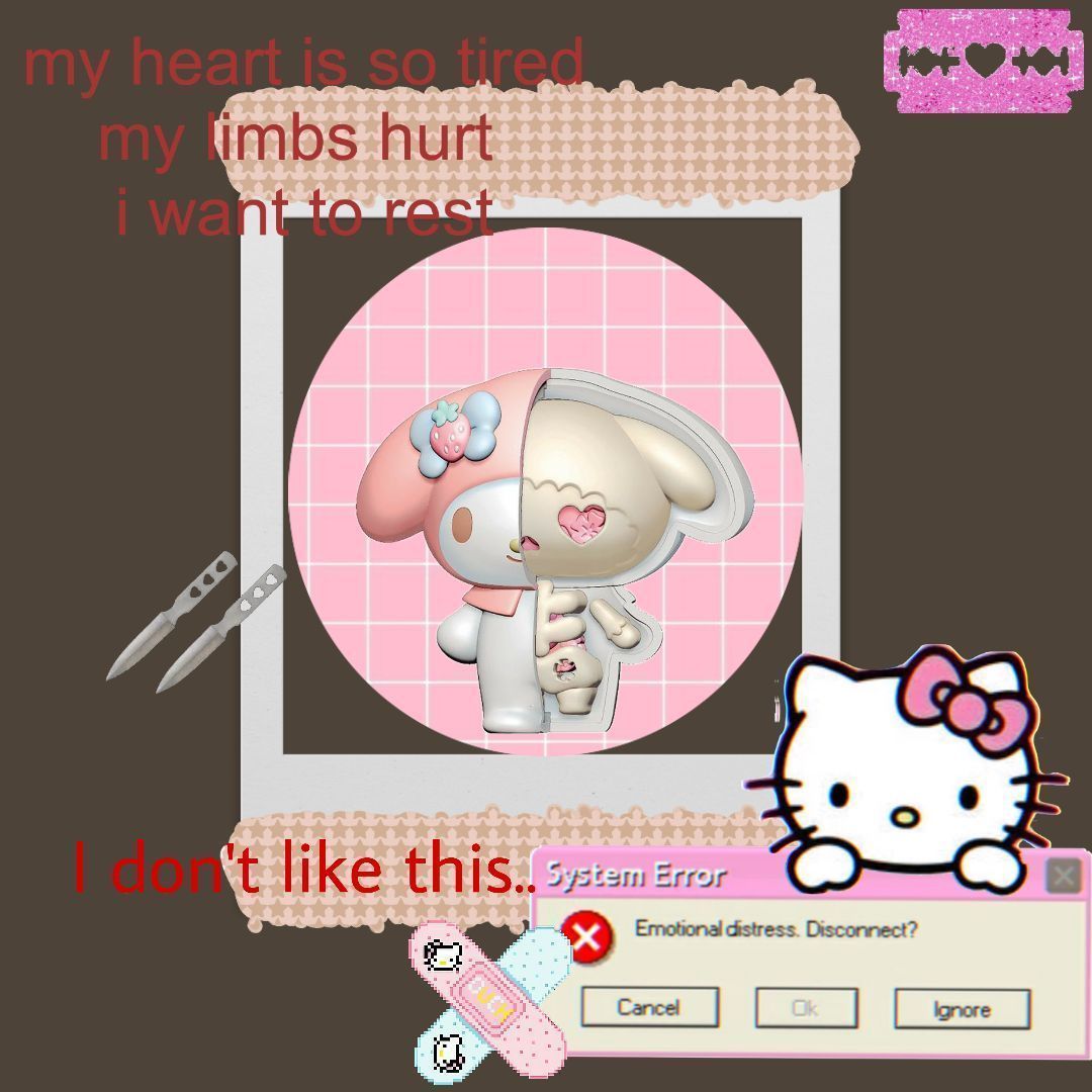 A picture of a computer error with a sad My Melody and Hello Kitty. - Traumacore