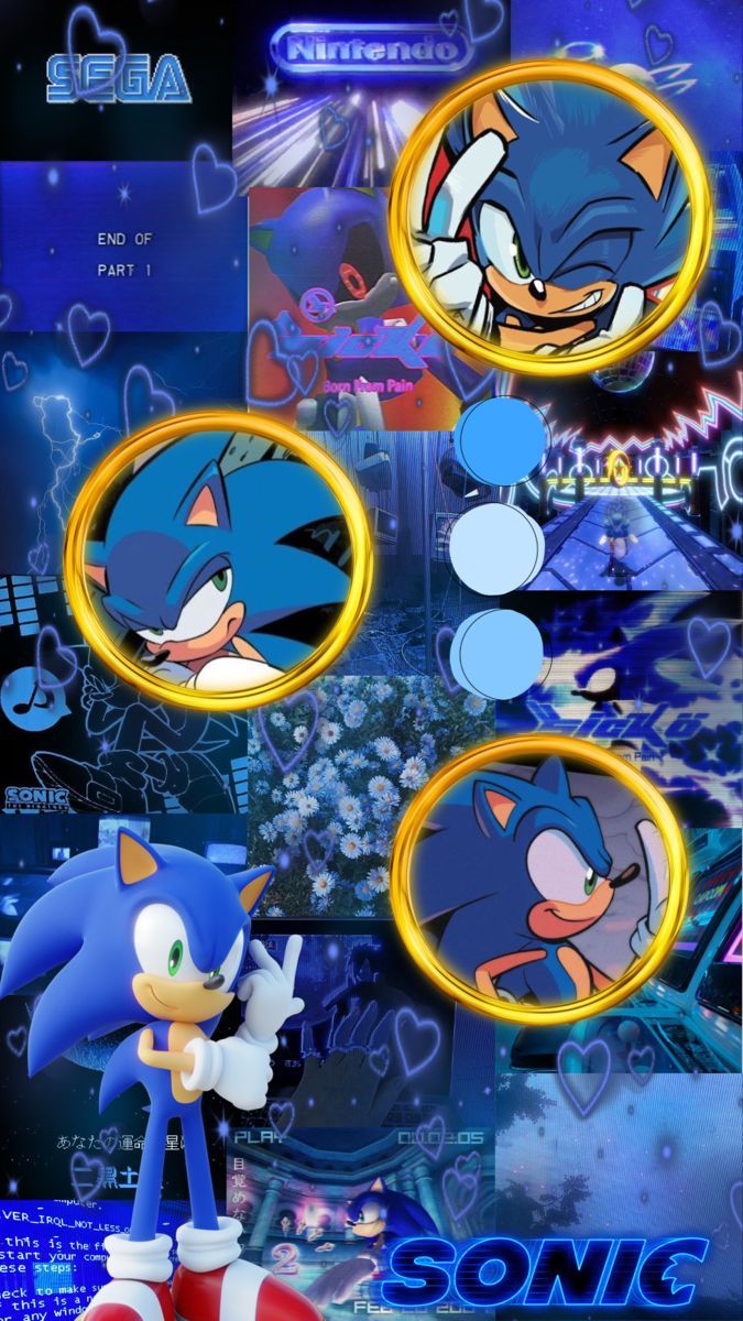 A blue and white Sonic wallpaper with blue background and pictures of Sonic and golden rings - Sonic