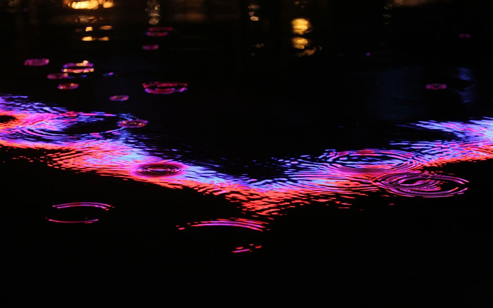 Raindrops on a black surface with a pink and blue light shining on them - Neon
