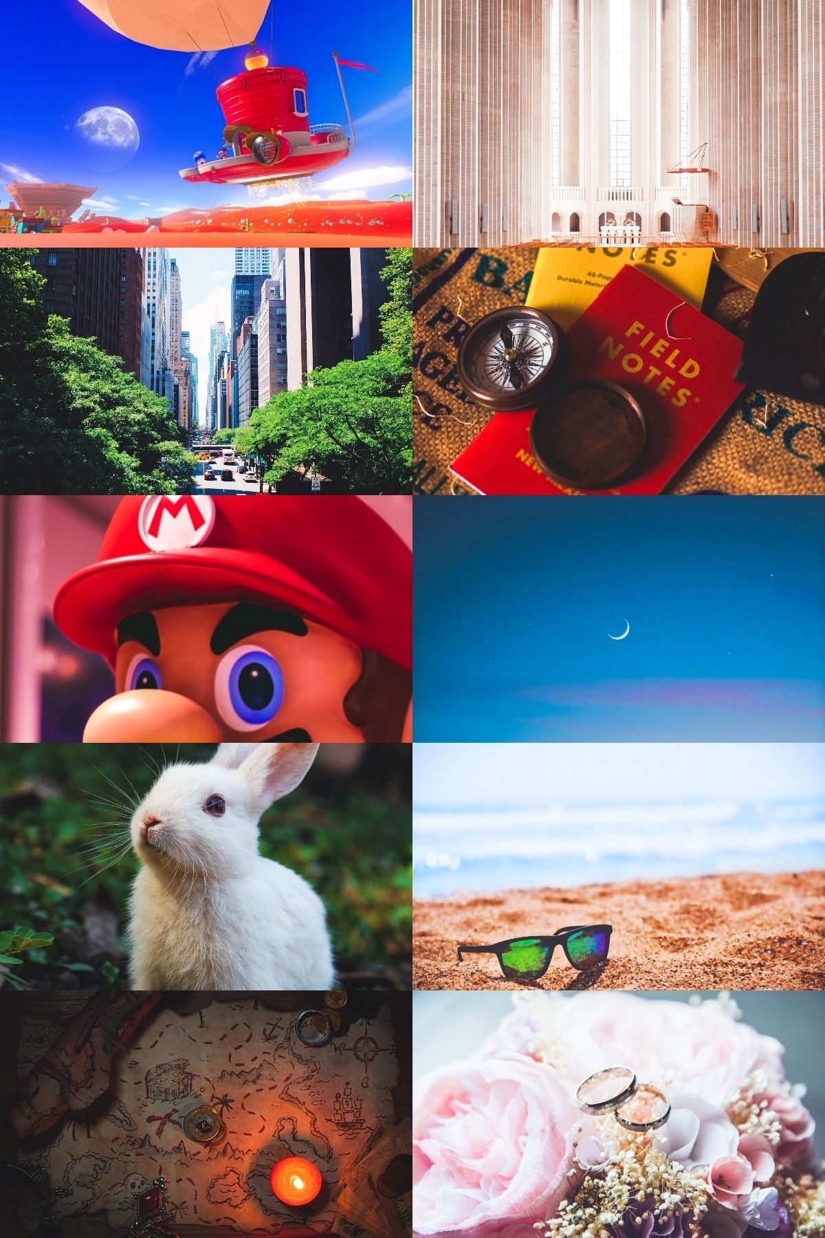 A collage of photos including Mario, a book, a candle, a rabbit, sunglasses, a cake, a city, and a beach. - Super Mario