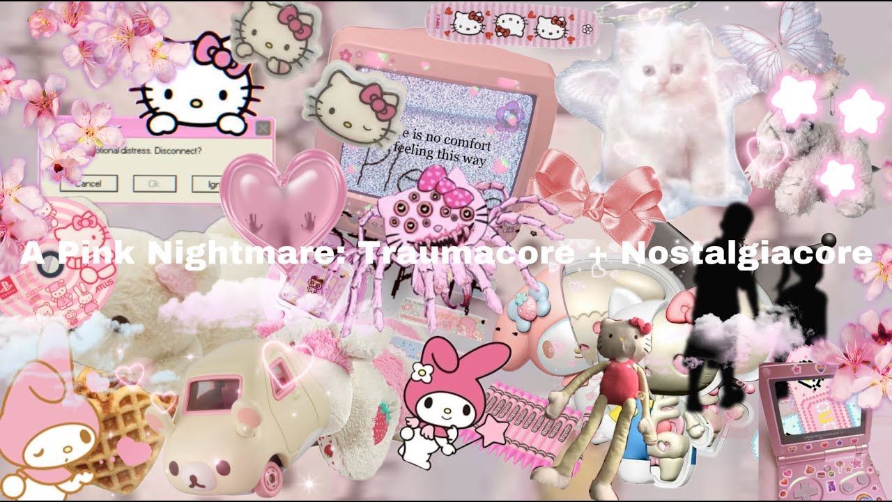 Pink aesthetic background with hello kitty and other pink items - Traumacore