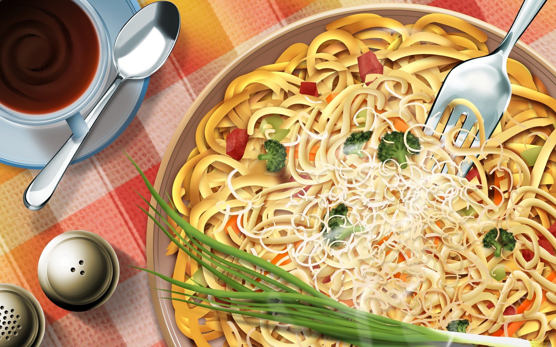 A plate of noodles with vegetables and cheese - Pasta