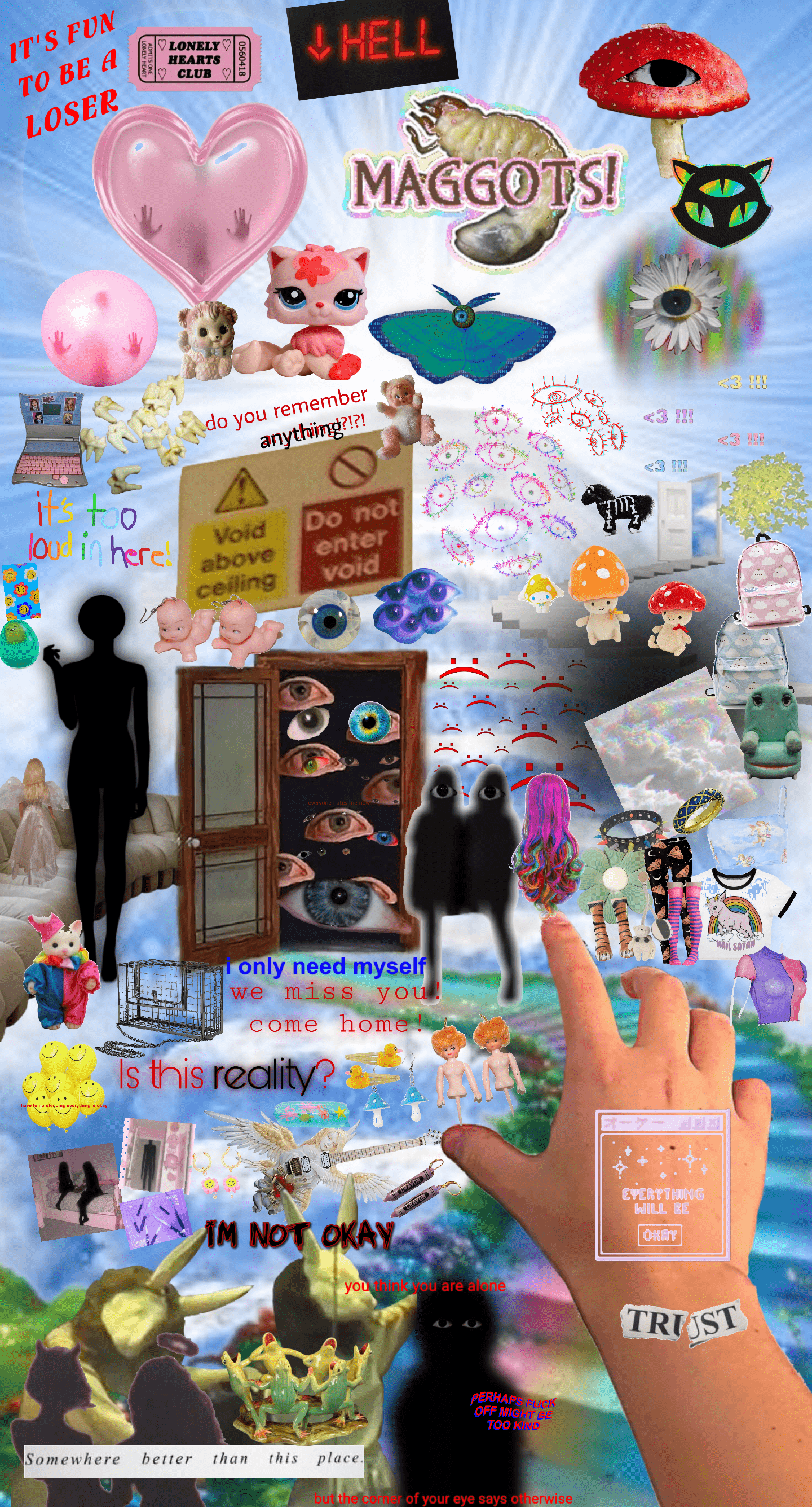 A collage of images including a heart, a hand, a cat, and text that says 