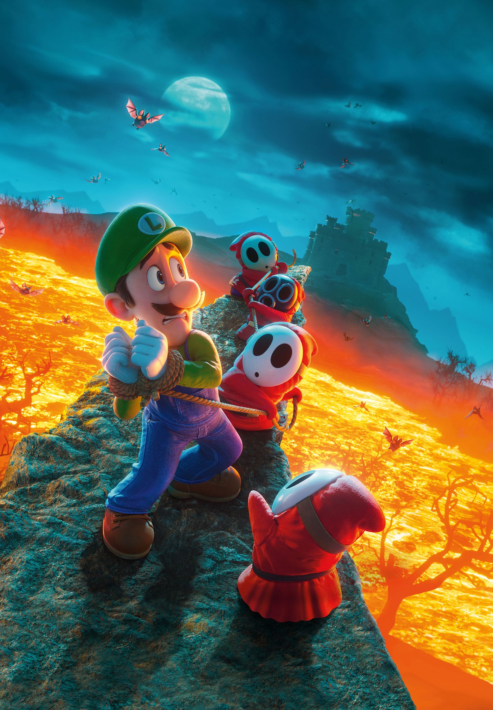 A scene from the Super Mario 3D World + Bowser's Fury game. Mario, Luigi, and Cappy are standing on a hill with a castle in the background. - Super Mario