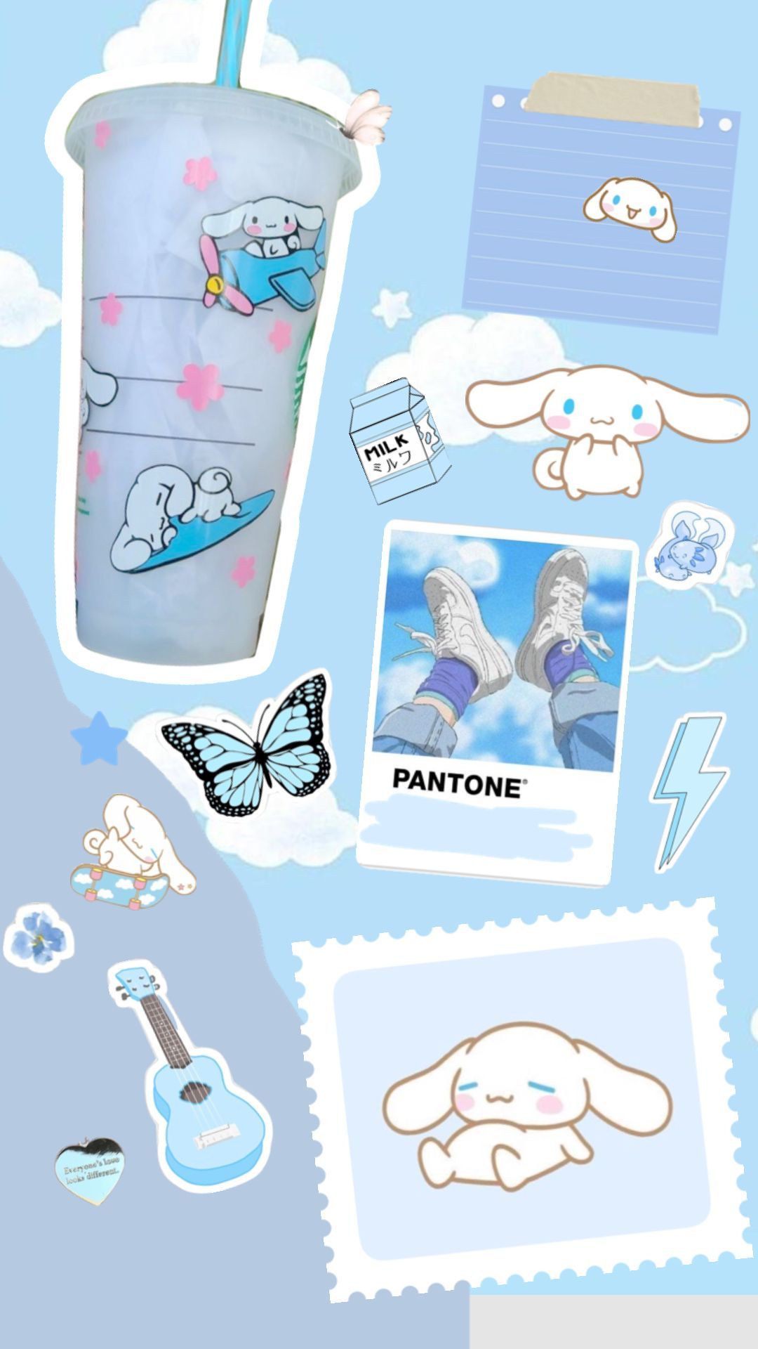 IPhone wallpaper of blue aesthetic with cute illustrations of animals, butterfly, guitar, and cloud. - Cinnamoroll