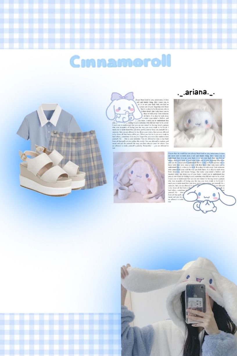 A page from a magazine with a blue and white outfit and a picture of a stuffed animal - Cinnamoroll