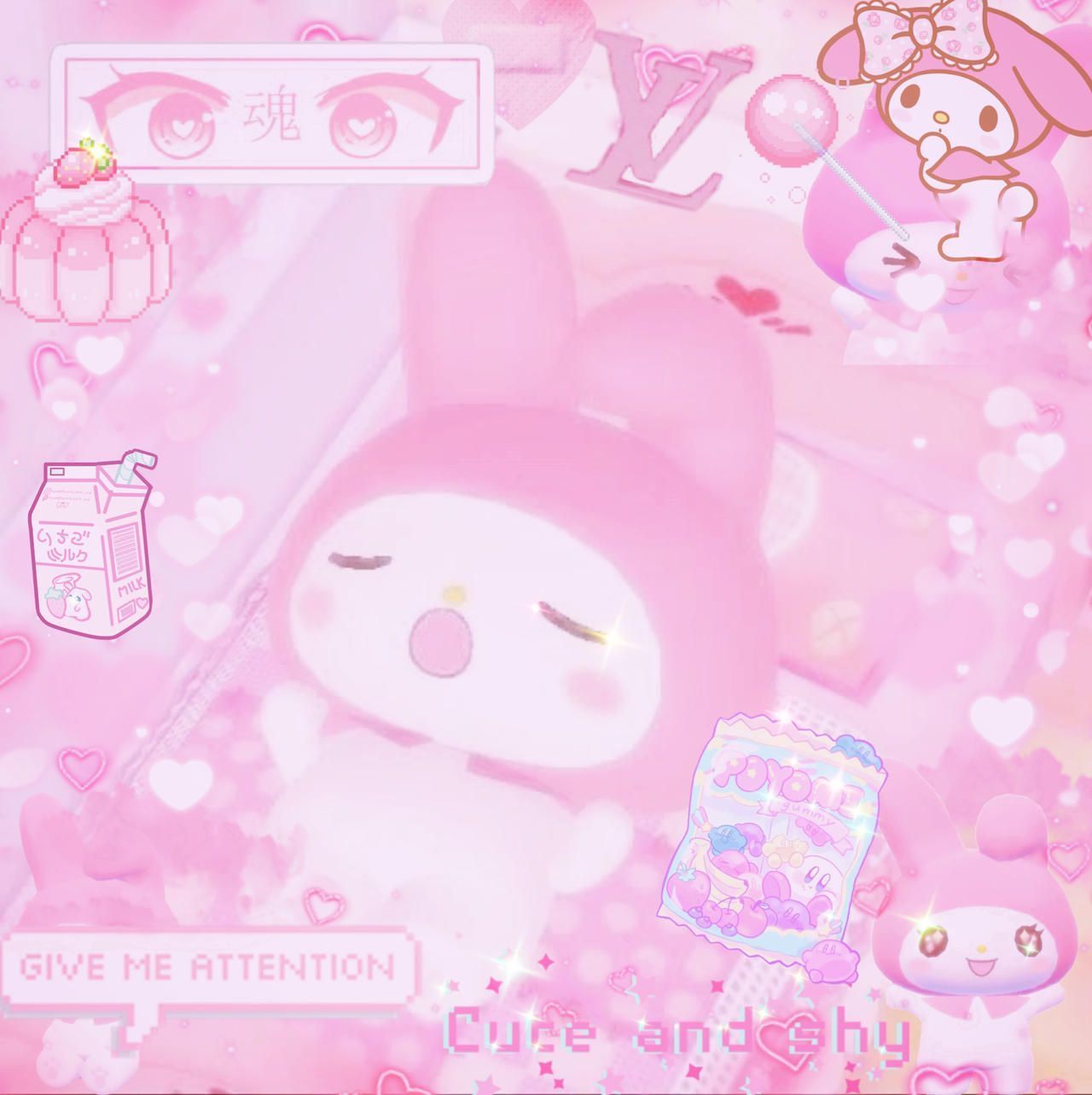 A pink background with a bunny and other cute things - Animecore, My Melody