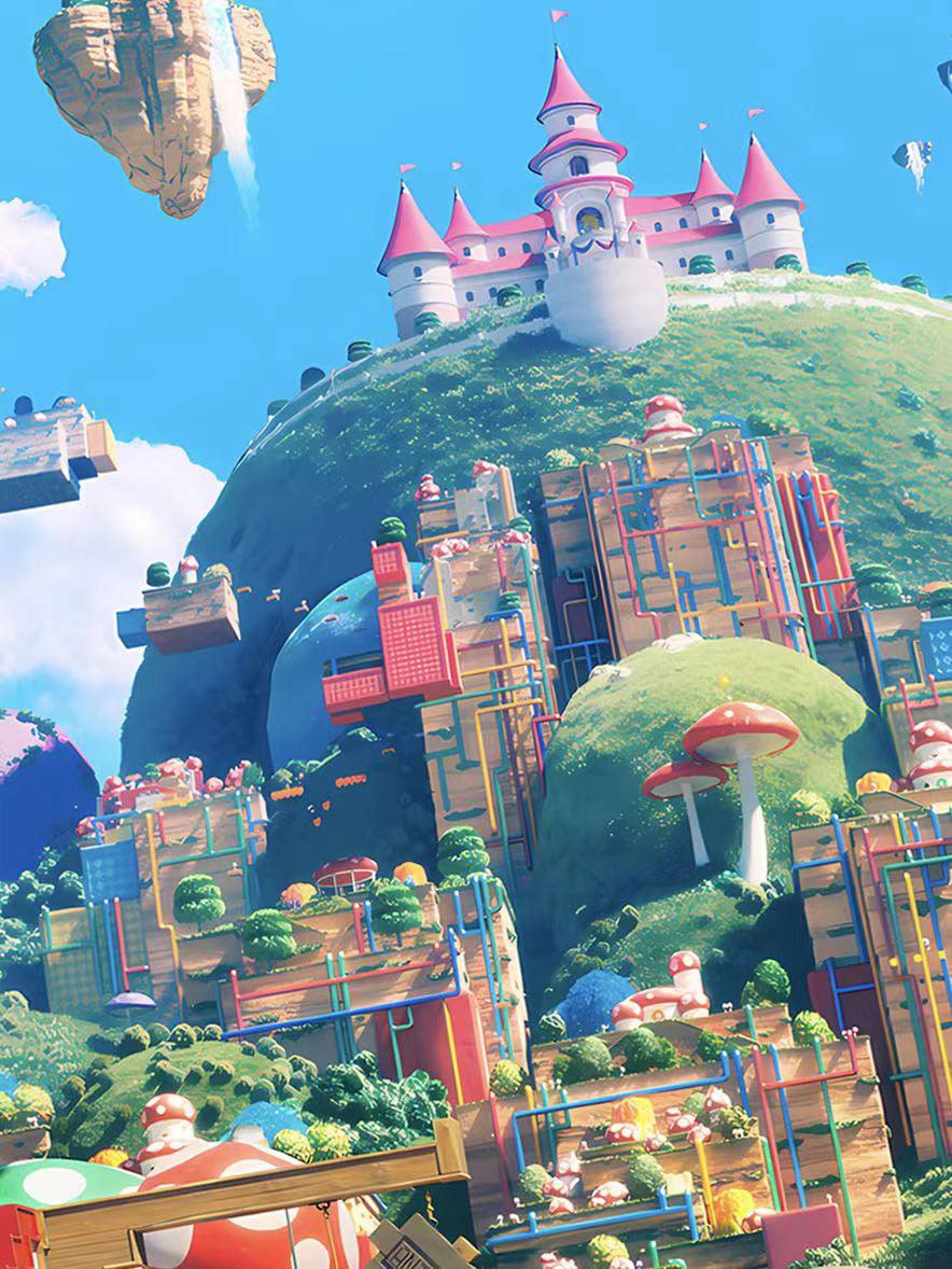 A colorful city built on a hill with a pink castle on top - Super Mario