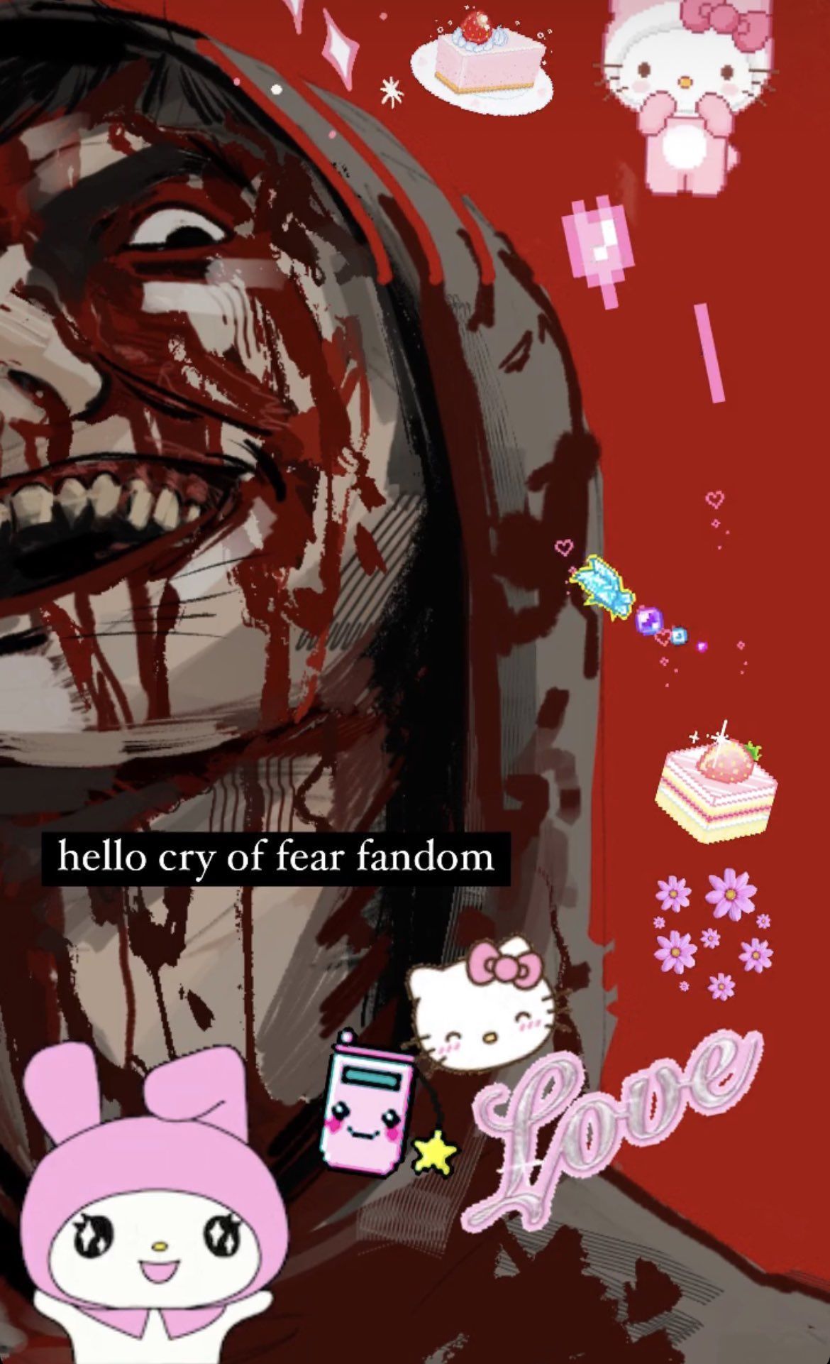 A hello kitty wallpaper with the words hello cry of fear fandom - Traumacore