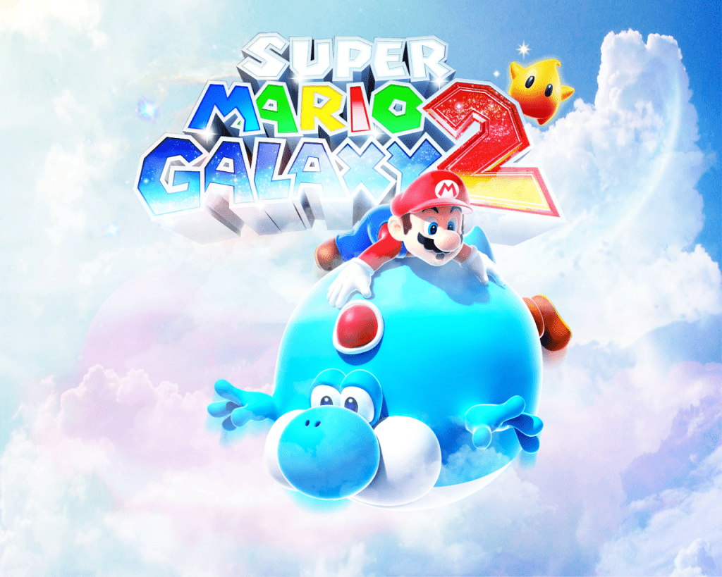Mario rides on top of a blue Yoshis in the sky - Super Mario
