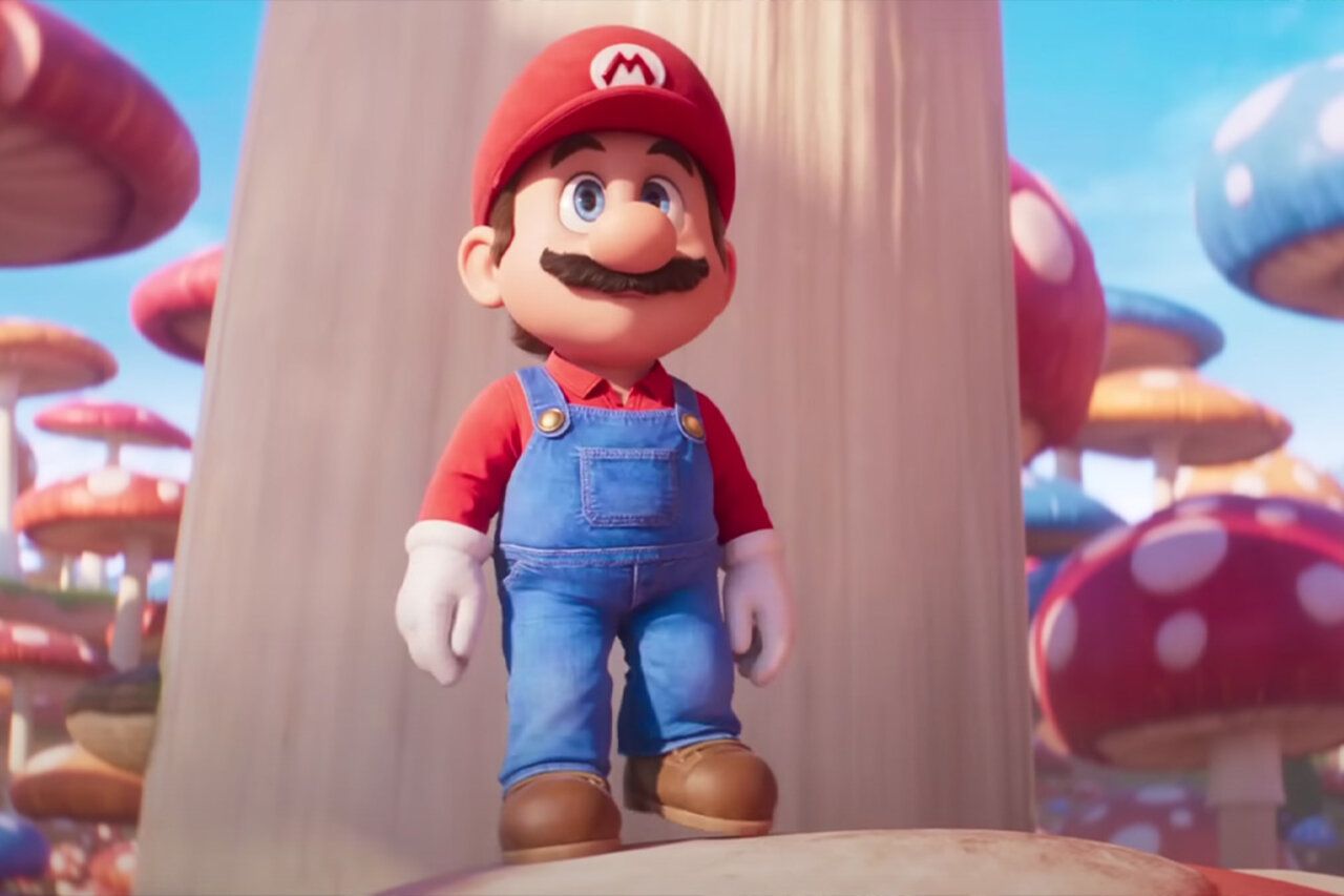 Mario standing on a wooden platform in a 3D animated scene - Super Mario