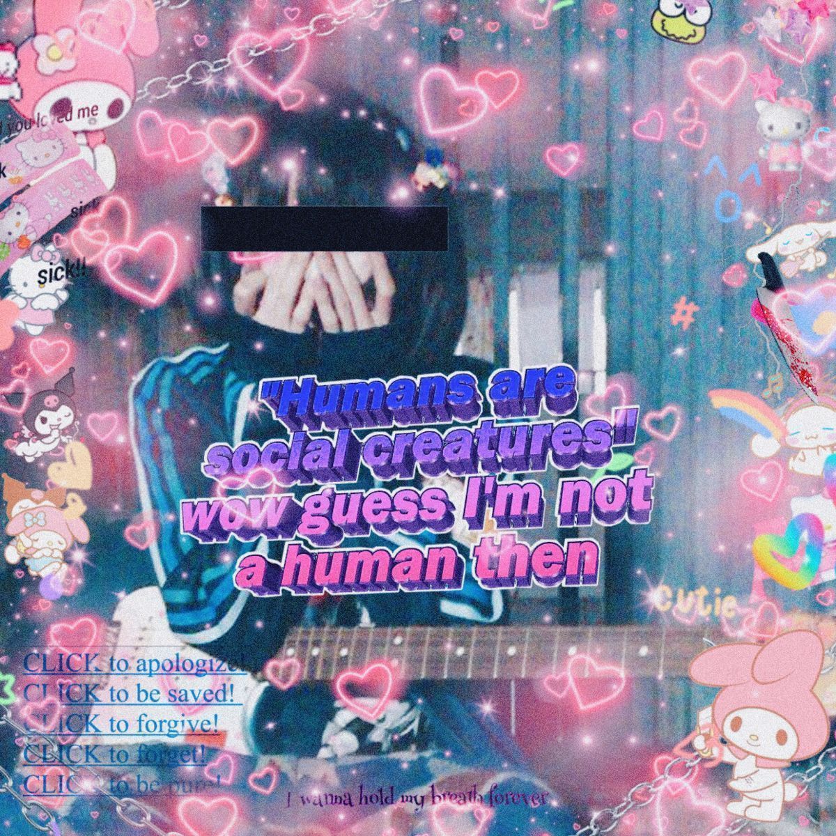 An anime character with pink hearts and the words 