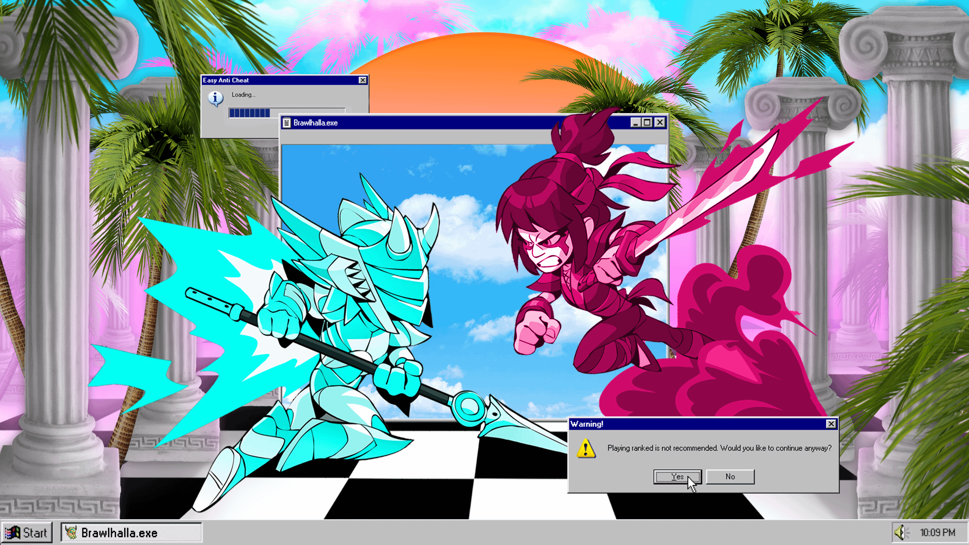 A screenshot of a game where two characters are fighting in front of a screen with a pink and blue sky - Windows 95