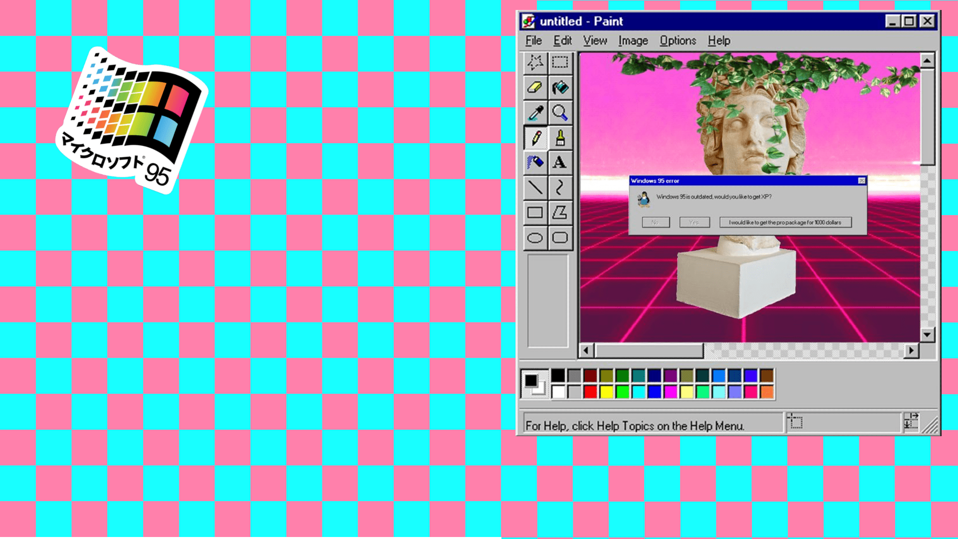A Windows 95 operating system screen with a pink and blue checkered background - Windows 95