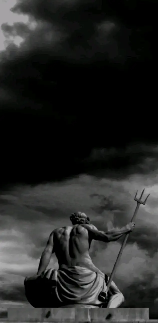 A statue of Poseidon holding his trident, with a dark and stormy sky behind him. - Greek mythology