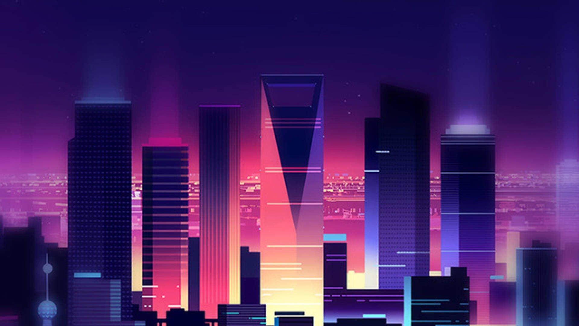 A city skyline at night with bright colors - Desktop, neon, 1920x1080, HD, skyline, synthwave