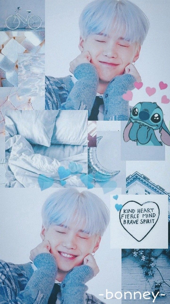 Aesthetic wallpaper of Hoseok with blue hair and a Stitch cartoon. - Suga