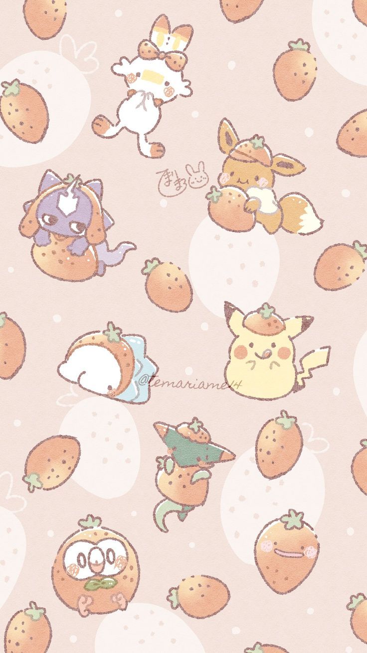 A pattern of strawberries and cute cartoon characters - Pokemon