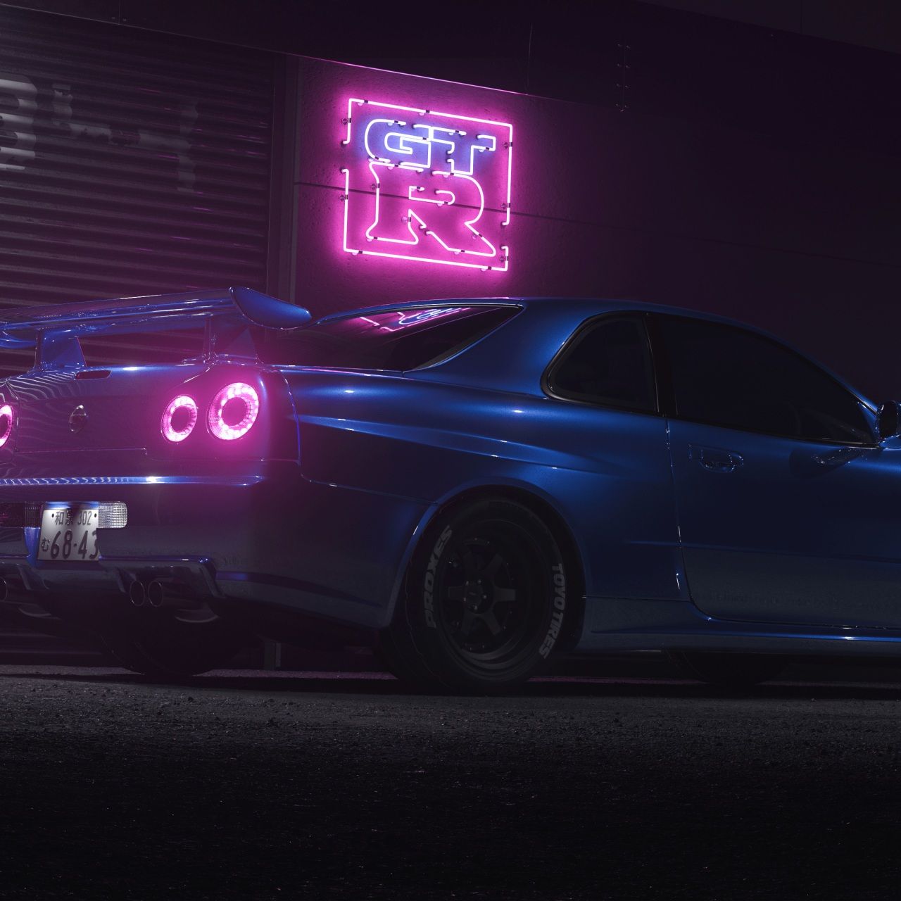 A Nissan GTR R34 in blue with pink neon lights in the background - Nissan Skyline