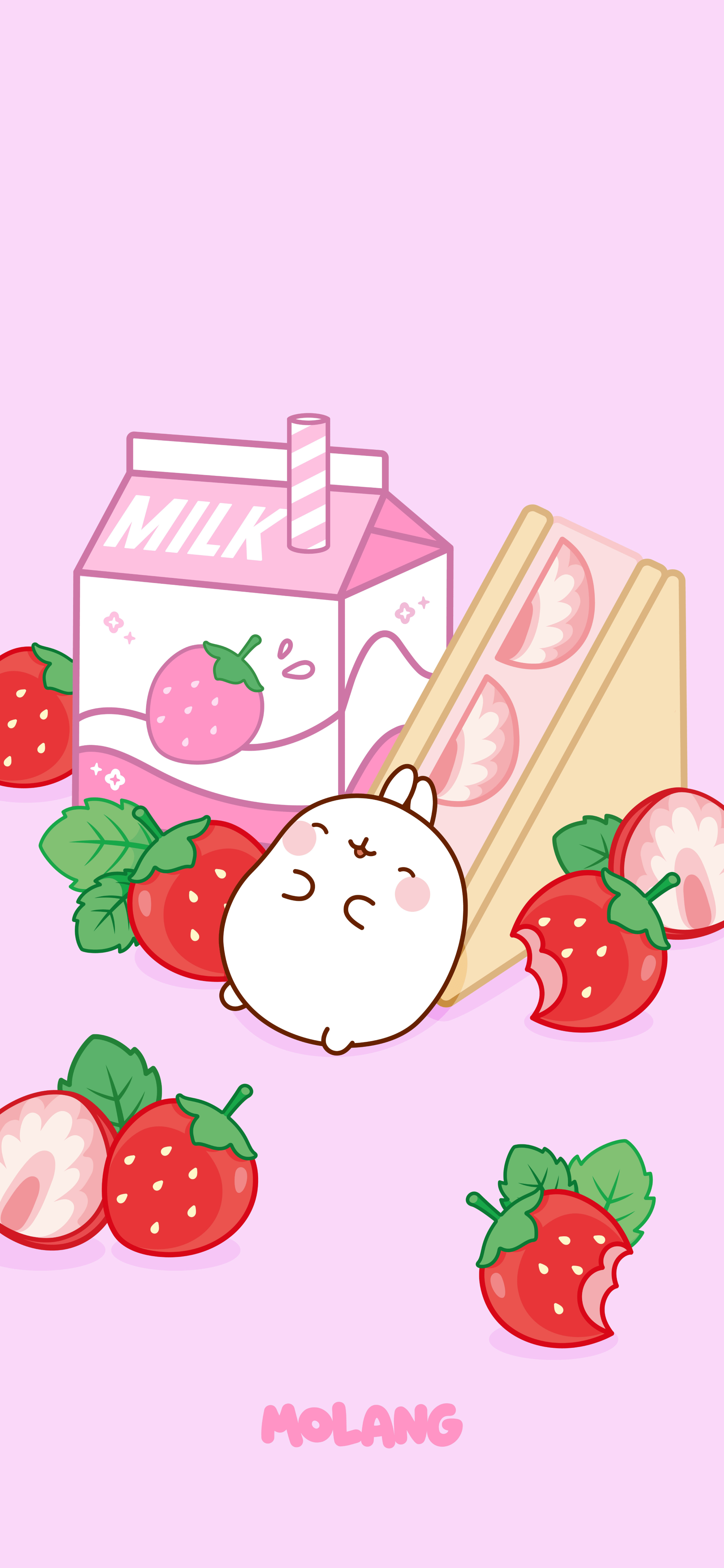 A molang rabbit with a strawberry milk and a strawberry sandwich - Molang