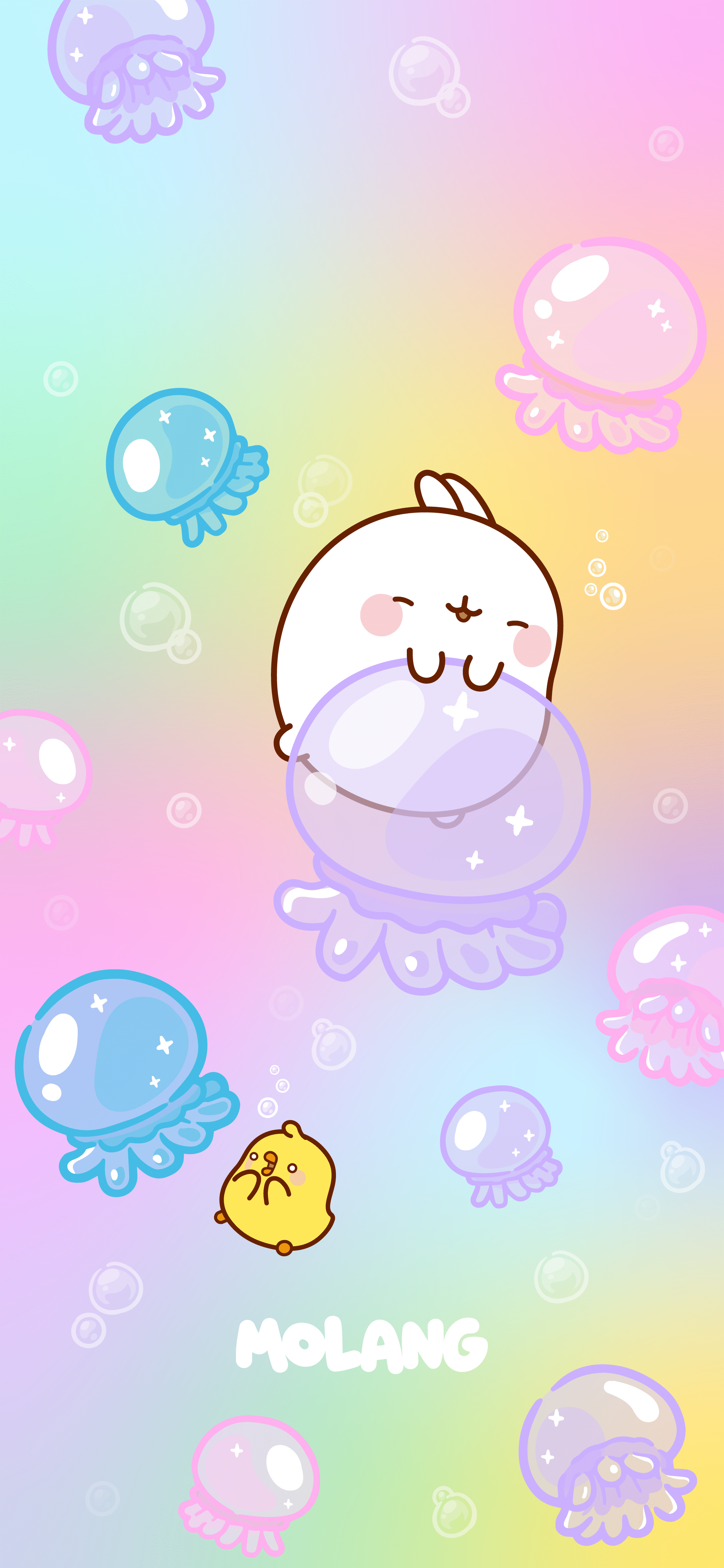 A cute Molang rabbit wallpaper with many jellyfishes in the background - Molang