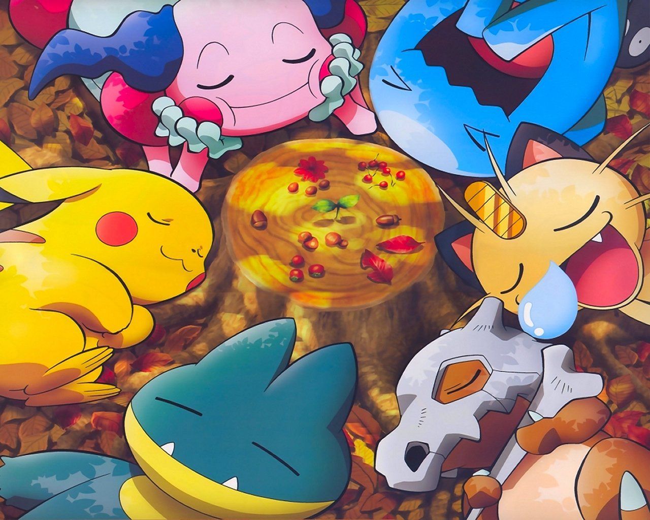 A painting of a group of Pokemon characters in a circle around a tree stump. - Pokemon